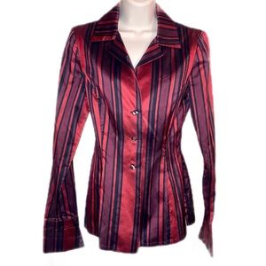 Oscar de la Renta Burgundy and Black Striped Satin Button-Down Shirt